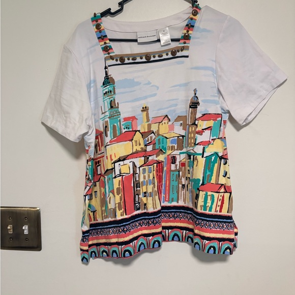 Alfred Dunner Tops - Alfred Dunner White Short-Sleeve Top with Multicolor Cityscape Print